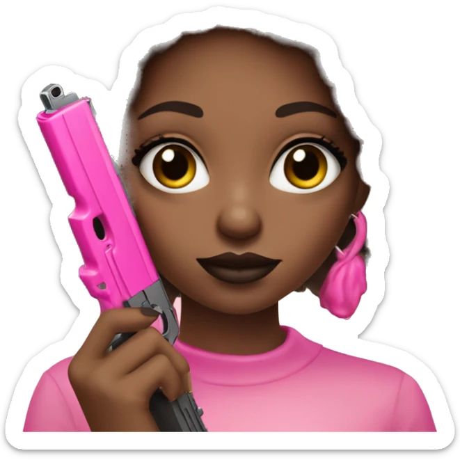 Afro hair brown girl hand pink nails holding pink gun black eyes sticker