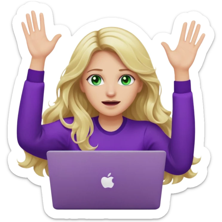 lady with long wavy blonde hair, purple top, green eyes, throwing her with a purple mac laptop hands in the air crying sticker