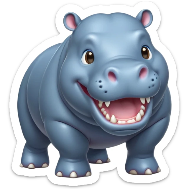 cinematic-hippo-realistic-full-body-side-view-standing-on-all-fours-emoji,-massive-round-frame,-wide-mouthed-grin-exposing-huge-teeth,-head-tilted-dramatically,-thick-greyish blue-hide-glossy, big cute eyes sticker