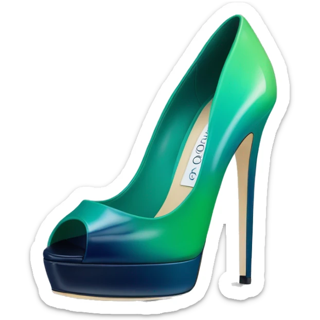 Realistic isolated top view of a pair of emerald green,sky blue,mint green,lime green and navy blue ombre Jimmy Choo peep toe stiletto shoes. sticker