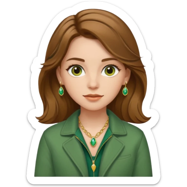White girl with hazel Brown eyes Brown and slighly wavy medium hair. Make her with a green jacket and gold jewlery.  sticker