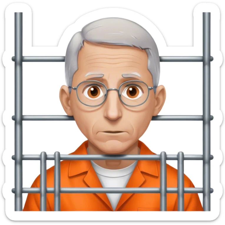 Make a picture of Anthony Fauci wearing an orange jumpsuit and behind bars make her look worried but only about herself sticker