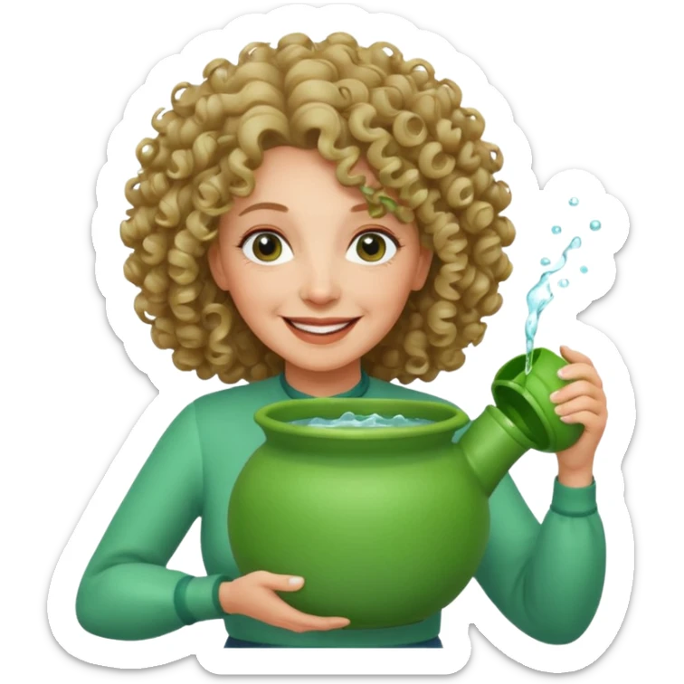 Older female florist – curly hair, holding garden water pot sticker