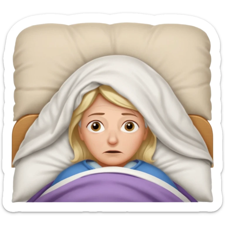 A 55-year-old woman lying in bed, unable to sleep. She looks exhausted and desperate, with visible dark circles under her eyes, tired facial expression. She is under the blankets, staring at the ceiling.  sticker