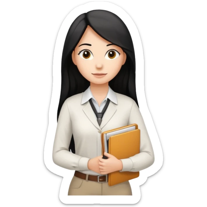 a light tan woman with long black hair past mid-back, round brown eyes, with folders in her hands. she has a id lanyard on and white professional blouse. sticker