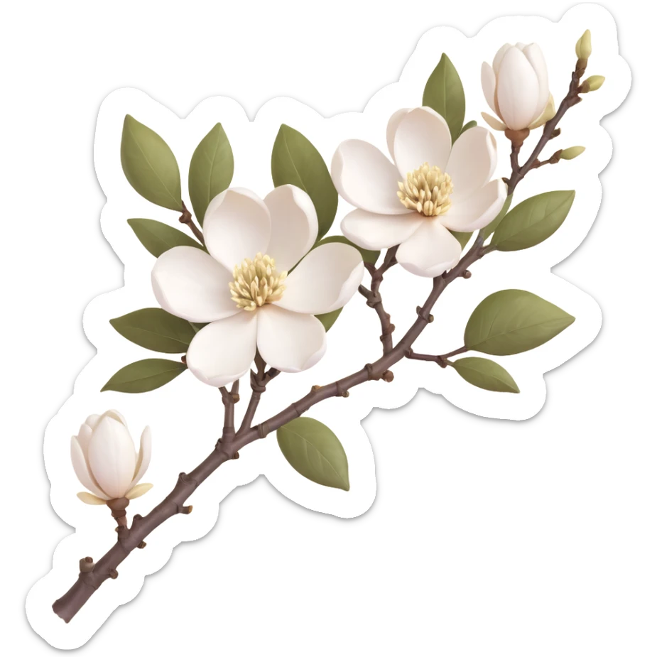 Traditional Japanese Magnolia kobus (kobushi) blossom with sumi-e brush stroke style, delicate white flowers on bare branch, zen aesthetic with subtle ink wash background sticker