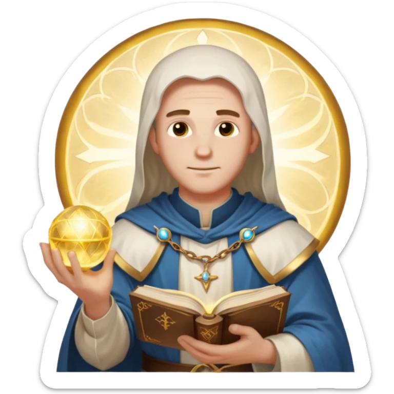 dnd cleric holding a holy book in one hand and having a ball of light in the other sticker