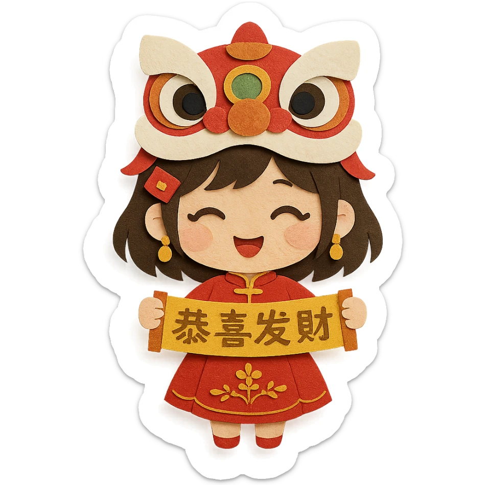 cute chibi girl in red embroidered skirt, gold hair accessories, red envelope hair clip, cartoon lion dance helmet, holding gold '恭喜发财' banner with both hands, smiling, full body, main colors red and gold, strong Chinese New Year vibe, paper-craft style sticker