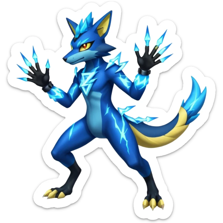 Cobalt-Blue Neon-Electric Bright-Glowing Lightning-Veined Zeraora-Luxray-Lucario-cyber-fusion-creature (full body) sticker