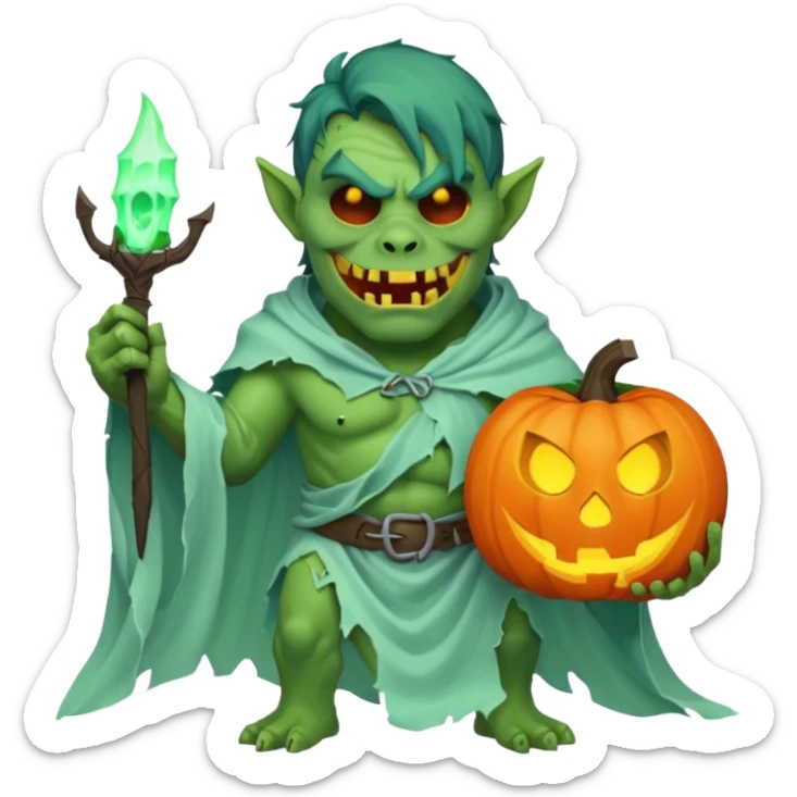 male orc ghost emoji, green skin, tusks, wearing torn white ghost sheet costume, holding glowing jack-o'-lantern, faint blue aura, friendly but spooky expression, Halloween fantasy theme, Apple emoji style, clean white background, square sticker