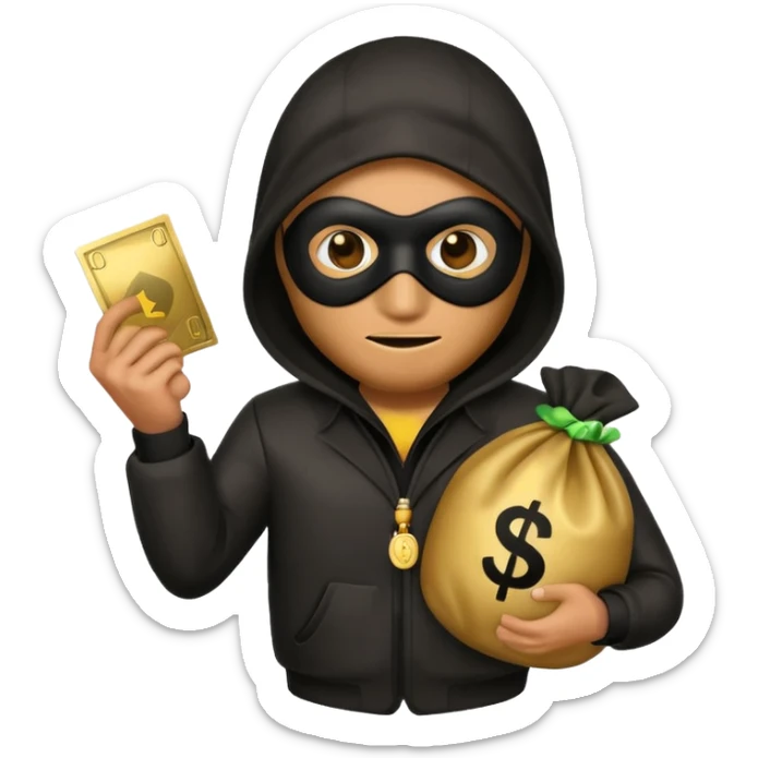 Robber emoji holding a 💰 wearing a mask that is made of robber suit without showing his hand the 💰 need to be in the left without is showing hands sticker