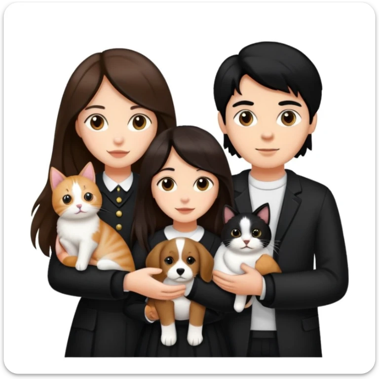 A girl with long brown hair holding the hand of a boy with black hair, both dressed in black, holding a cat and dog sticker