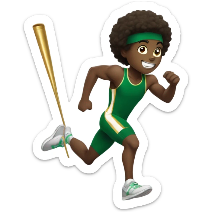 Muscular Afro teenage boy  in green track and field uniform running fast with gold baton in his hand. sticker
