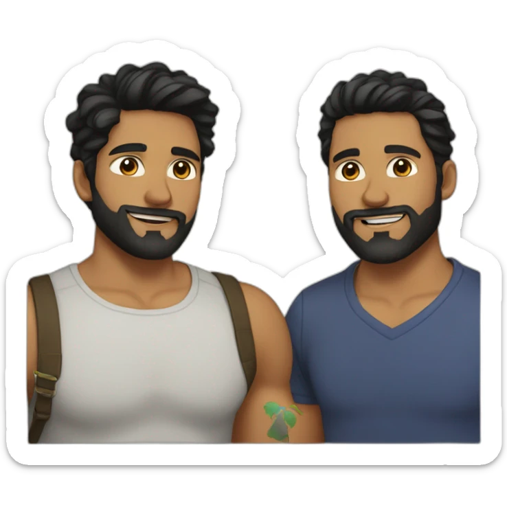Gay male couple Latino Black hair and beard male and a male Australian blonde hair , with a cat in the middle sticker