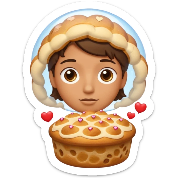 Apple-style emoji illustration of a person with dreamy eyes, and avobe them a thinking bubble with a traditional panettone inside the bubble, small hearts floating around, soft 3D emoji style, smooth gradients, rounded shapes, warm festive colors, simple expression. sticker