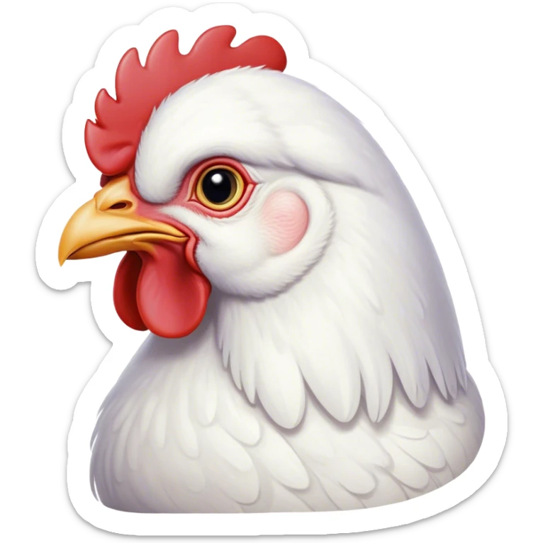 Cinematic Noble White Chicken Portrait Emoji, Poised and regal, with a compact, sturdy build and a pristine, well-groomed pure white plumage, deep-set soulful beady eyes, Simplified yet sharp and sophisticated features, highly detailed, glowing with a soft, dignified glow, high shine, intelligent and alert, stylized with an air of barnyard elegance, focused and attentive, soft glowing outline, capturing the essence of a watchful and confident fowl, so majestic it feels as though it could strut out of the screen with effortless authority! sticker