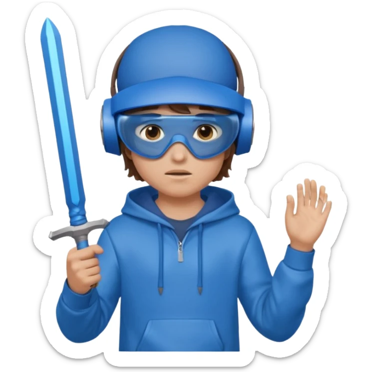 a boy with brown hair, a blue vr headset. a blue hoodie and a blue sword sticker