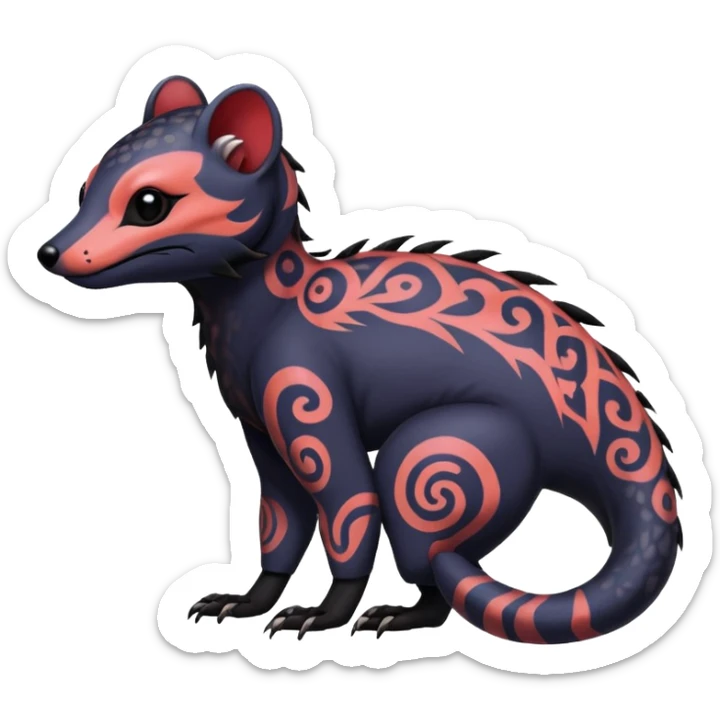 Rare warm-colored exotic gloomy tropical edgy cute epic aesthetic spooky  gothic colorful Salandit-Noibat-Civet-species-Fakemon-hybrid-creature, with tribal tattoo markings, full body sticker