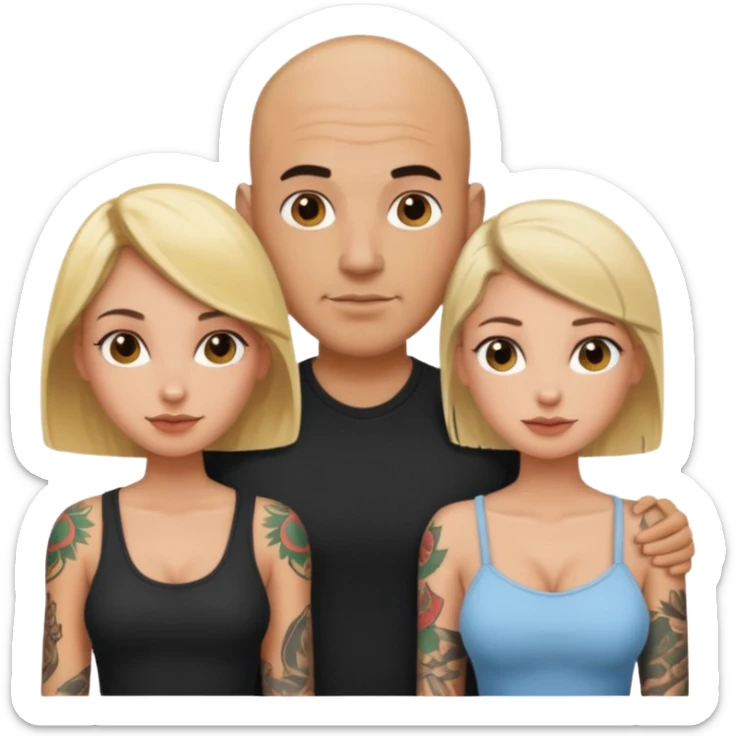 tattooed bbald male with two girlfriends a blonde and a brunette haired boob female   sticker