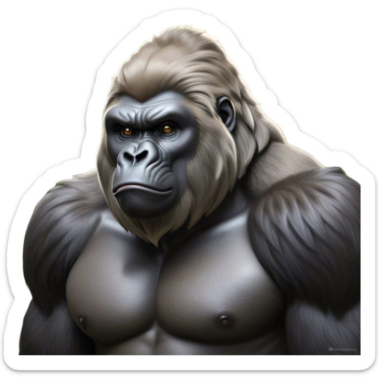 Cinematic Noble Silverback Gorilla Portrait Emoji, Poised and majestic, with a powerful, muscular frame accentuated by a distinguished silver mane and piercing, wise eyes, Simplified yet sharp and sophisticated features, highly detailed, glowing with a soft, regal jungle glow, high shine, intelligent and commanding, stylized with an air of imperial strength, focused and resolute, soft glowing outline, capturing the essence of a watchful guardian that feels as though it could step out of the screen with effortless authority! sticker
