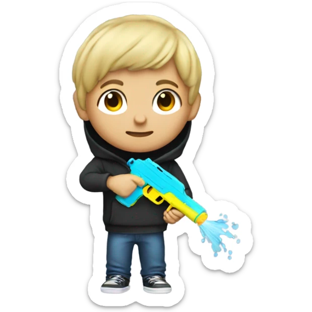 Dirty blonde haired boy wearing a hoodie with a water gun sticker
