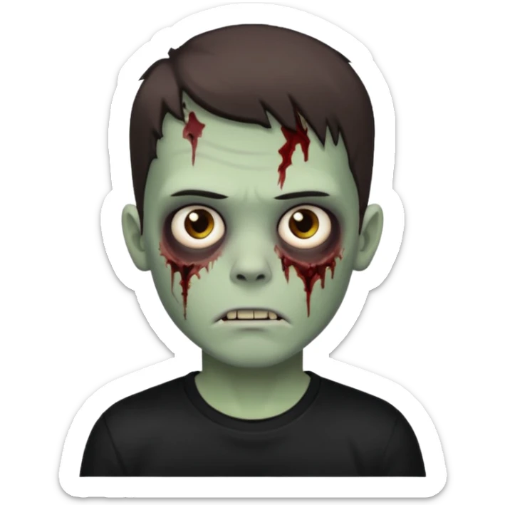 zombie white boy with dark brown edgar haircut and brown eyes (his skin is clear and white but with zombie scars) in black tee  sticker