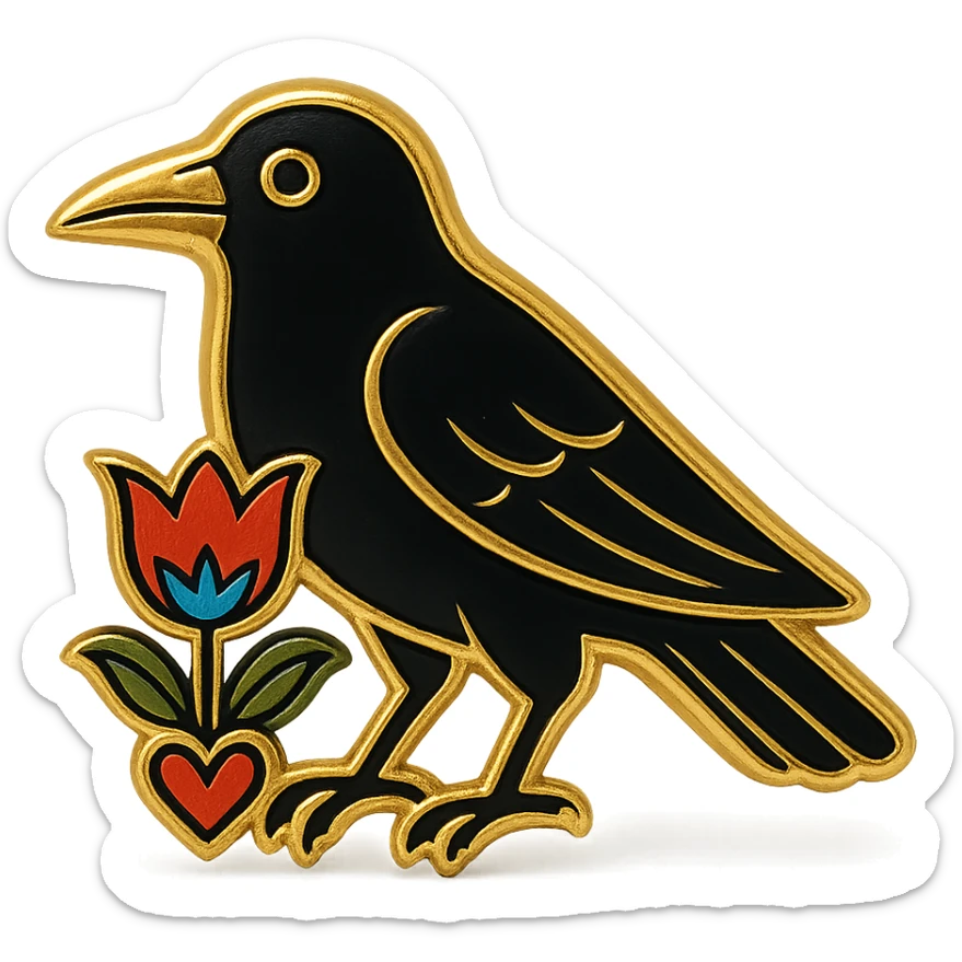 black crow in simple Scandinavian folk art style with a gold outline around the crow, holding a bright folk-colored tulip flower motif in its talons, motif outlined in black, motif matches the style and colors of a heart reference, simple, bold, and clear overall design, matching the heart's illustrative style sticker