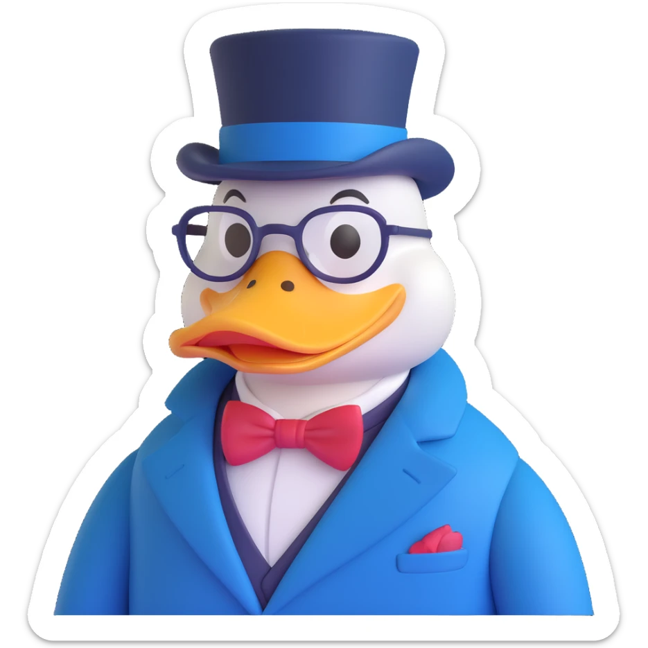 Dagobert Duck (Scrooge McDuck) emoji, with top hat, pince-nez glasses, blue coat, mischievous wealthy expression sticker