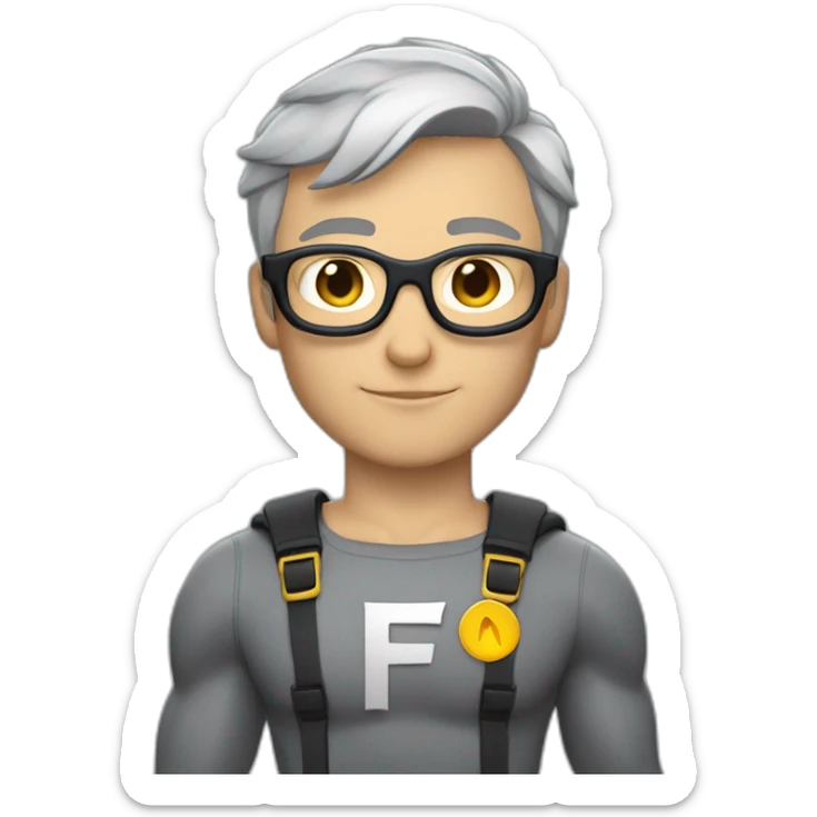 Caucasian Superhero upper body grey short hair and glasses with an "F" in the chest sticker