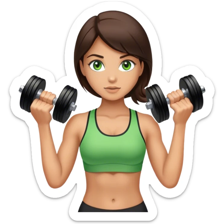 brunette girl with green eyes doing sports with dumbbells sticker