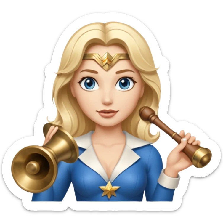 Blonde blue eyes Wonder Woman holding bell and short white orchestra conductor’s baton  sticker