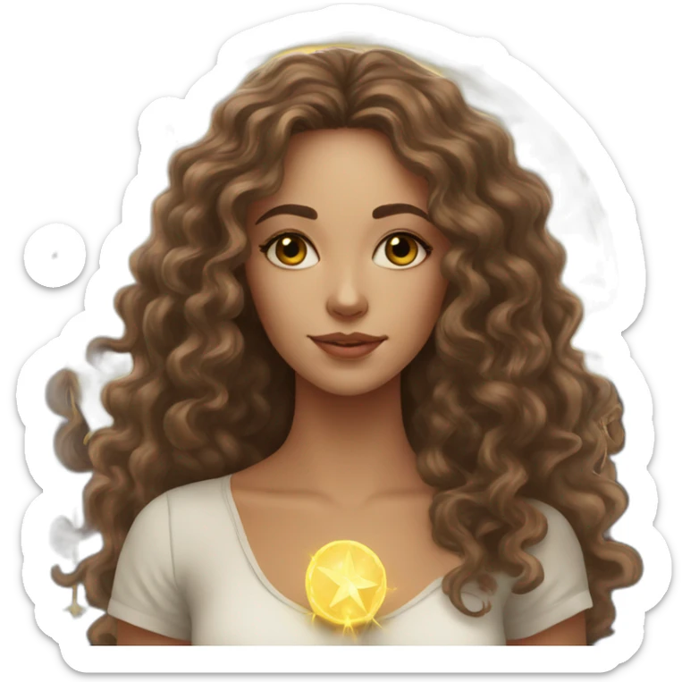 white young woman with long brown curls and a tarot card that have a golden star on it sticker