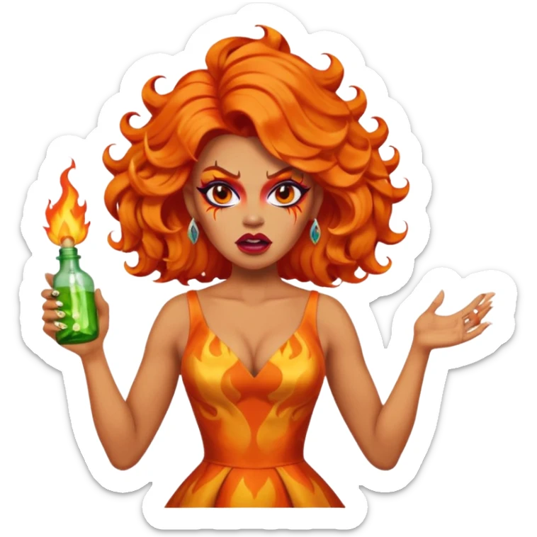 A fierce drag queen emoji with bright orange wavy hair styled with a bottle on top, dramatic makeup, expressive angry face, and an orange flame-themed dress. sticker