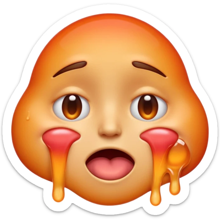 Apple-style emoji illustration of a melted, overheated face with sweat drops, half-closed exhausted eyes, tongue slightly out, warm orange and red tones, soft 3D emoji style, smooth gradients, rounded shapes, simple expression, centered composition, transparent background, no text. sticker
