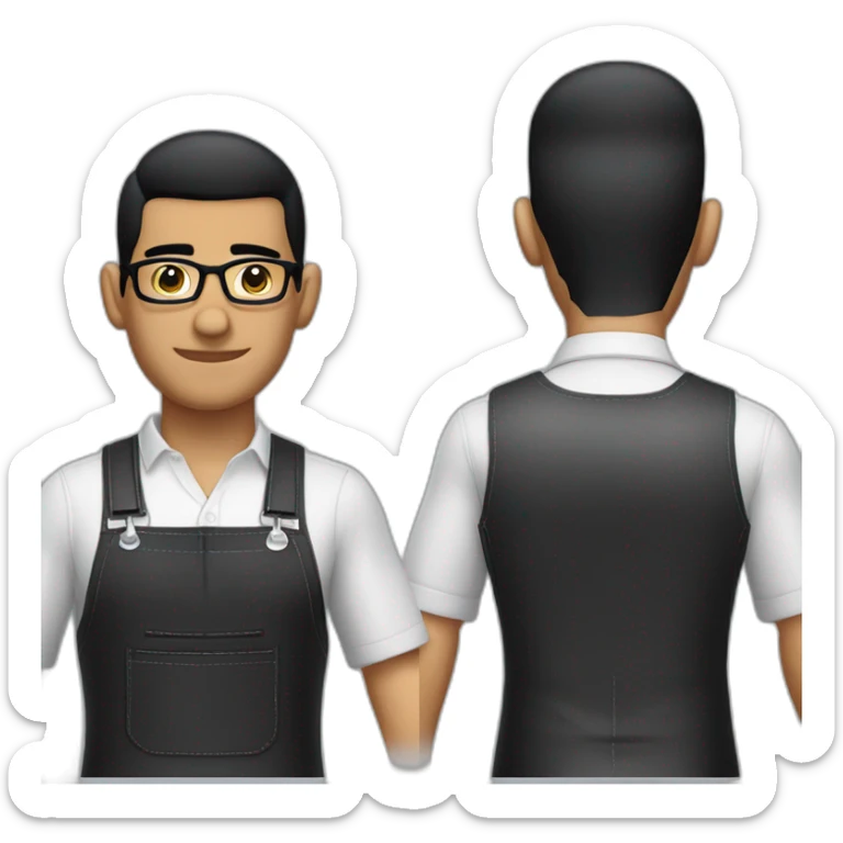 Barber guatemalan with fade buzz cut black hair, glasses, leather apron and large nose sticker