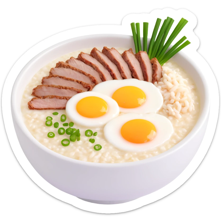 bowl of Asian rice porridge (congee) with steam, simple round bowl, topped with halved soft-boiled egg, minced pork, chopped green onions, cilantro, crispy fried garlic, smooth colorful clean minimal cute sticker