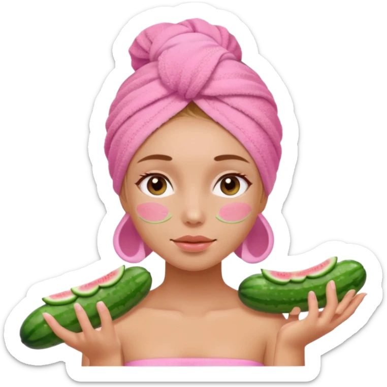 Girl with pink towel in hair cucumbers on eyes  spa sticker