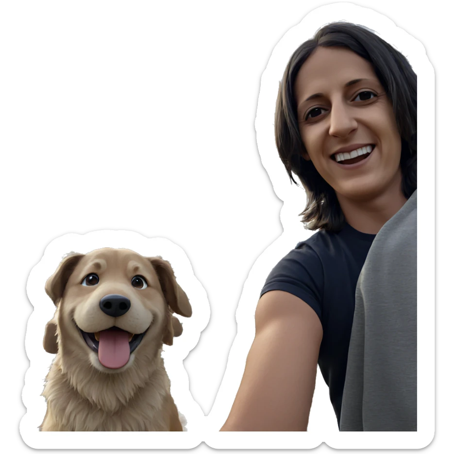 boy smiling with dog outdoors sticker