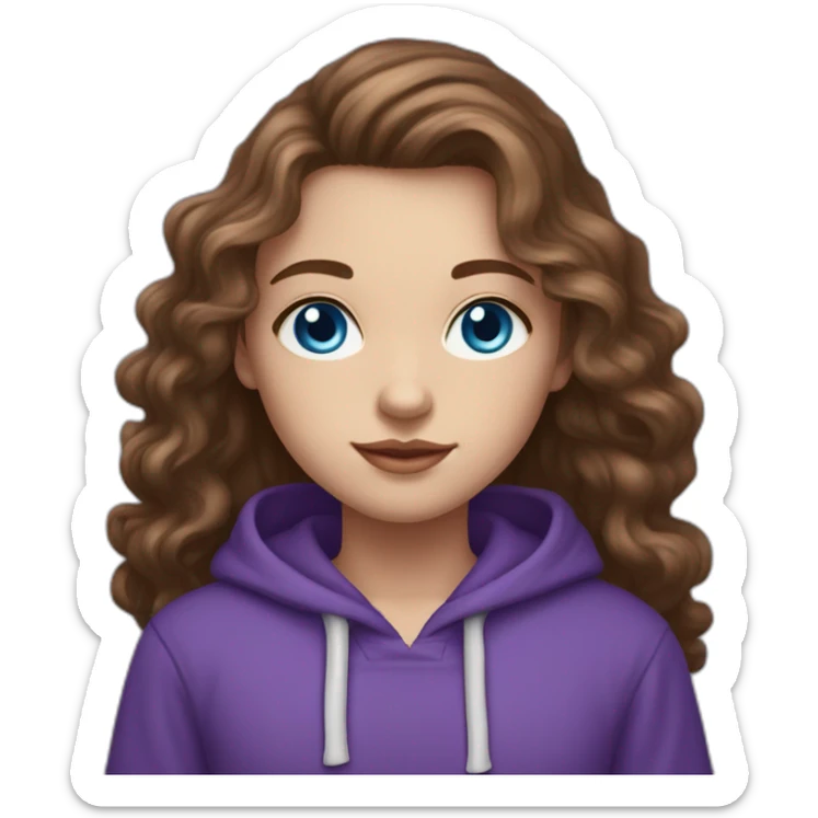 girl with blue eyes and white skin and long curly brown hair with high aristocratic cheekbones in a purple hoodie sticker