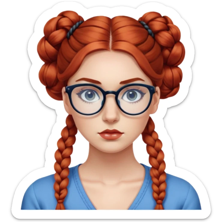 Nữ 25 tuổi, da trắng, tóc dài xoăn nhẹ màu đỏ, tết búi 2 bên, gọng kính màu đen, mắt kính màu xanh dương , trong suốt nhìn thấy mắt, mặt nghiêm túc, lông mi dài, trang điểm khá đậm sticker