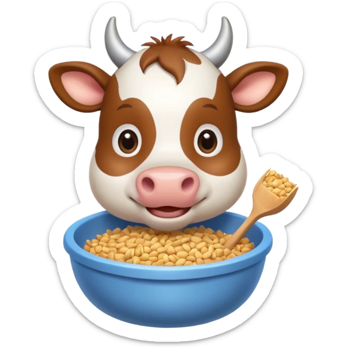cute cow eating animal feed, hay and grains in a feeding bowl, 3D cartoon, mobile game icon style, clean background, no text, no watermark
 sticker