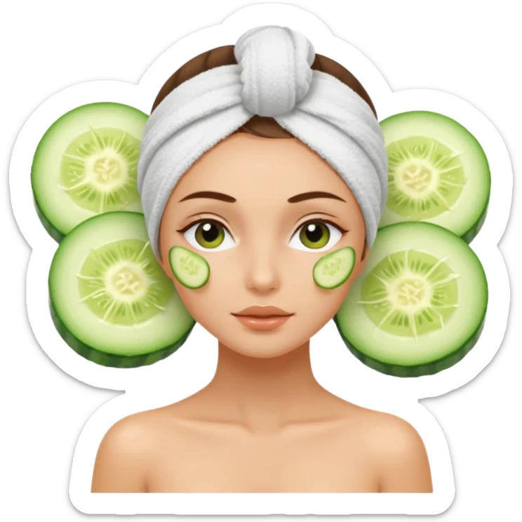 Girl with her hair in a towel and cucumber on her eyes at a spa sticker