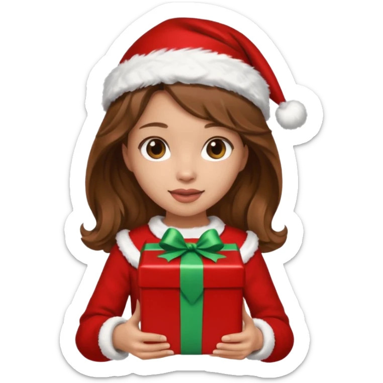 a girl with wavy brown hair wearing a christmas clothes and holding a gift sticker