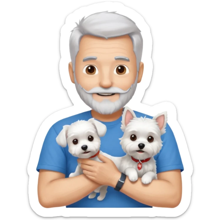 handsome gentleman, 60 years old, spiky crew cut silver hair, full beard, wearing a blue t-shirt, smiling and holding a maltese dog sticker