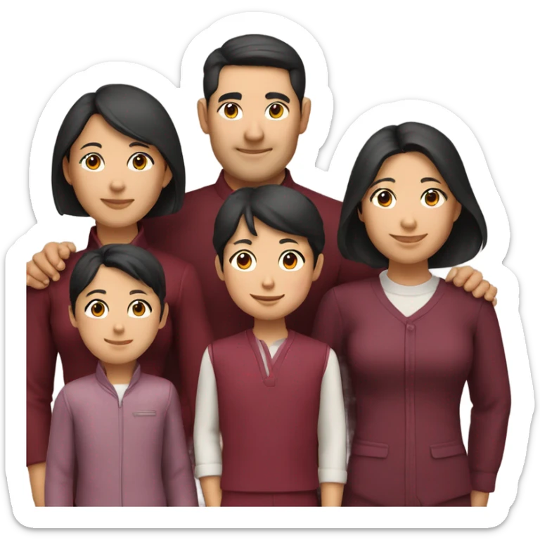 smiling Asian family of 6 with burgundy outfits sticker