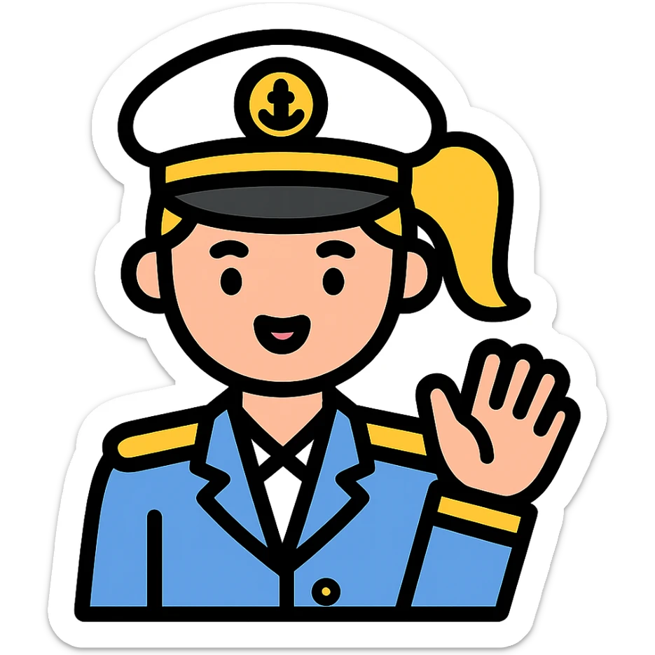 cruise captain girl with dirty blonde ponytail, waving at the camera sticker