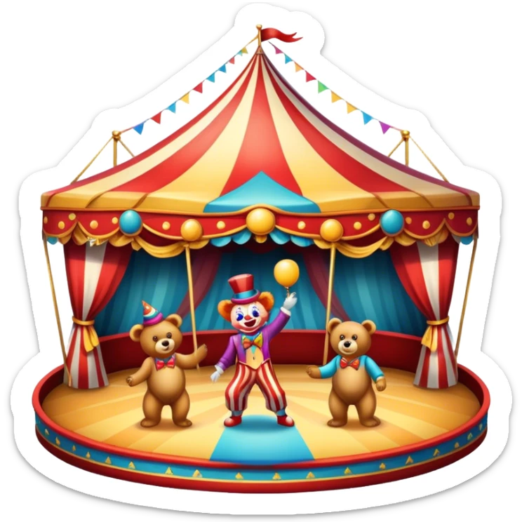 Icon for Circus Arts: a grand vibrant circus arena with acrobats, a clown, and performing bears. The icon should capture the excitement and energy of the circus, with colorful costumes and a lively atmosphere. Transparent background. sticker
