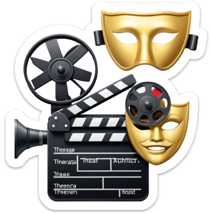 Icon for Acting in Theater and Film: a stage with a spotlight, a film camera, a clapperboard and a dramatic mask. The design should represent both theatrical performance and cinematic art. Transparent background. sticker