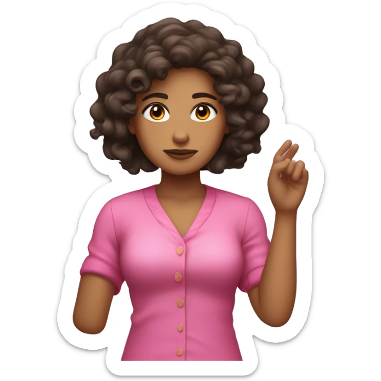 	Light-skinned, wavy-to-curly dark brown hair, pink outfit, serious face, hand raised in “stop” gesture, bow in hair. sticker