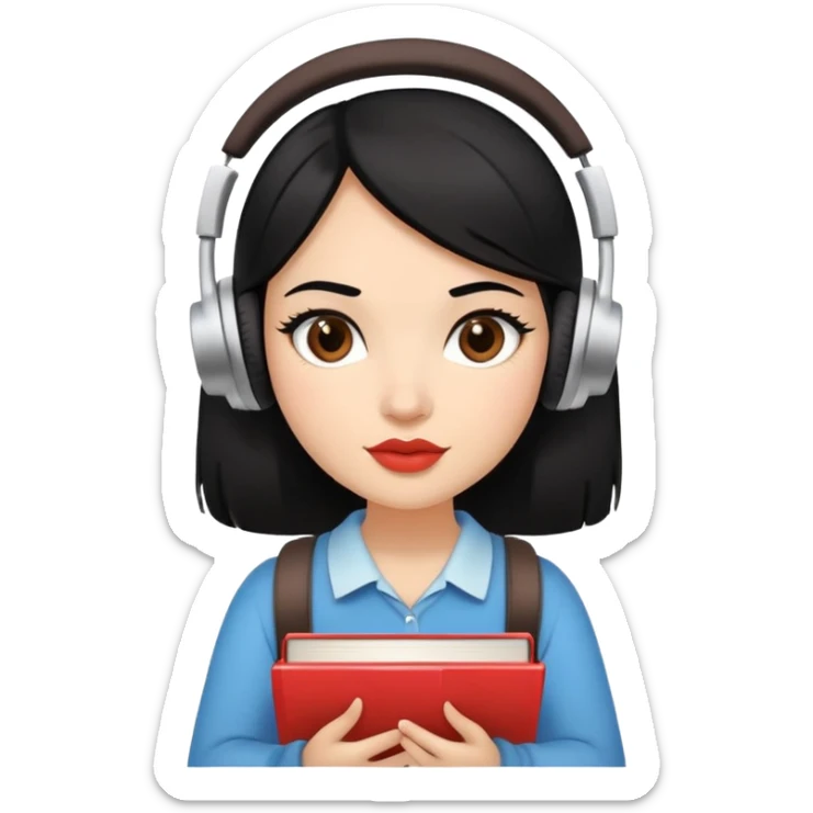 black haired girlie witha wheatish to fair skin tone and dark brown eyes plump lips carrying a stack of books with coffee and headphones on sticker